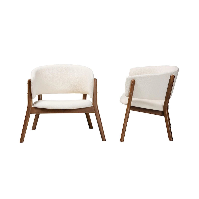 Fauteuil d'appoint bouclé crème et noyer, style Mid-Century, lot de 2