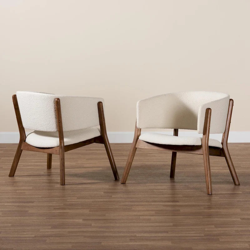Fauteuil d'appoint bouclé crème et noyer, style Mid-Century, lot de 2