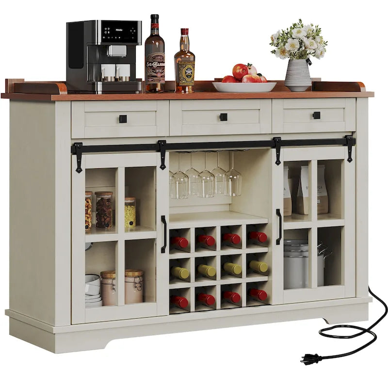 Buffet de ferme coulissant noir et blanc avec casier à vin