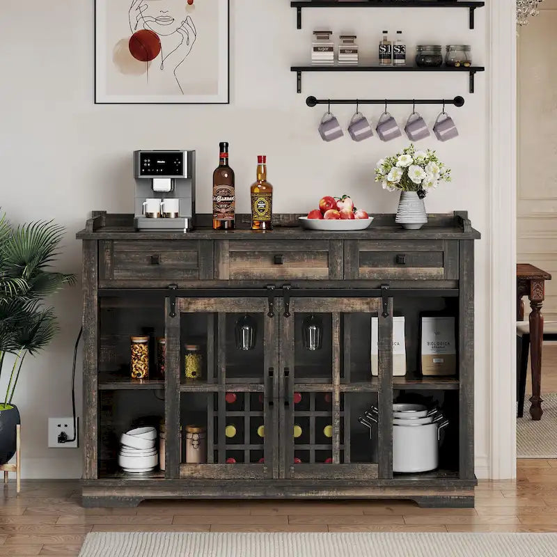 Buffet de ferme coulissant noir et blanc avec casier à vin