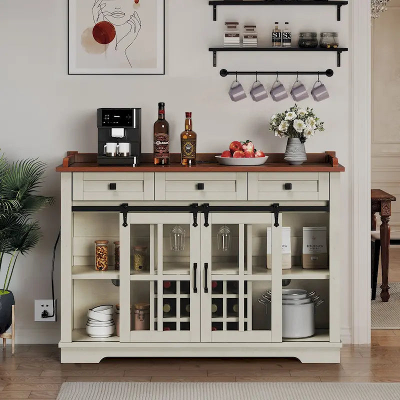Buffet de ferme coulissant noir et blanc avec casier à vin