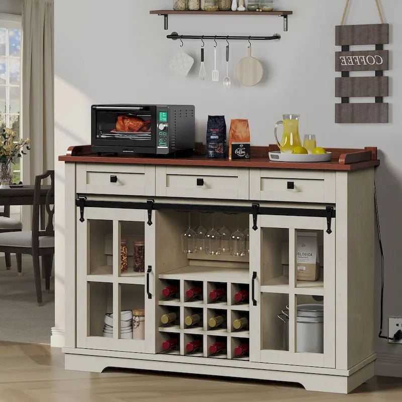 Buffet de ferme coulissant noir et blanc avec casier à vin