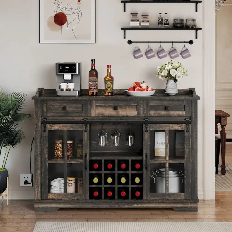 Buffet de ferme coulissant noir et blanc avec casier à vin