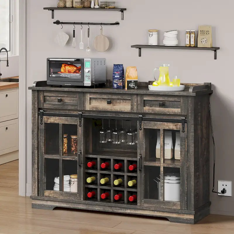 Buffet de ferme coulissant noir et blanc avec casier à vin