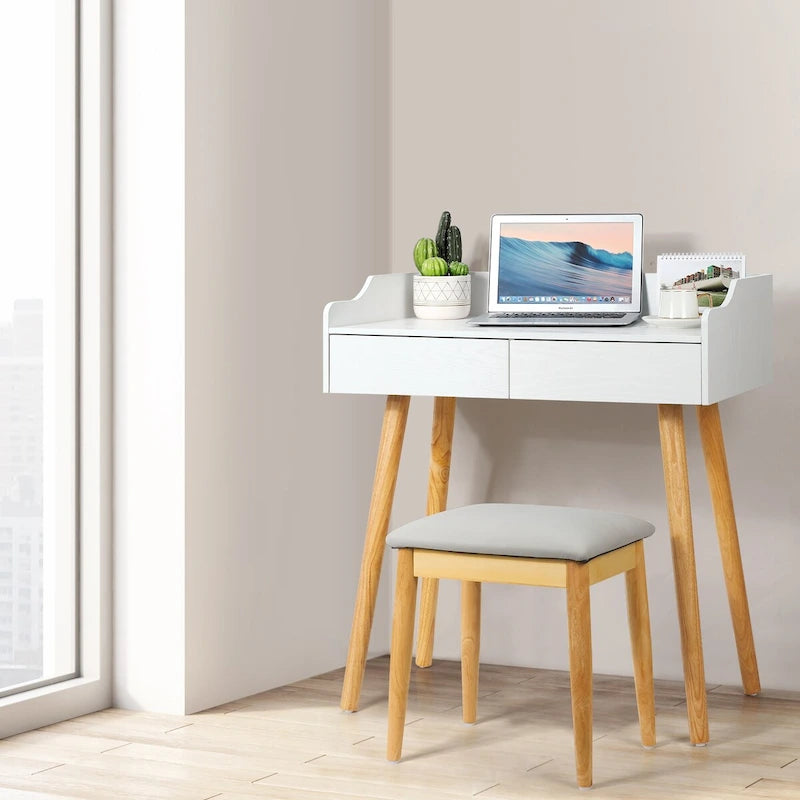 Coiffeuse blanche avec miroir et tabouret, 2 tiroirs, 1 personne
