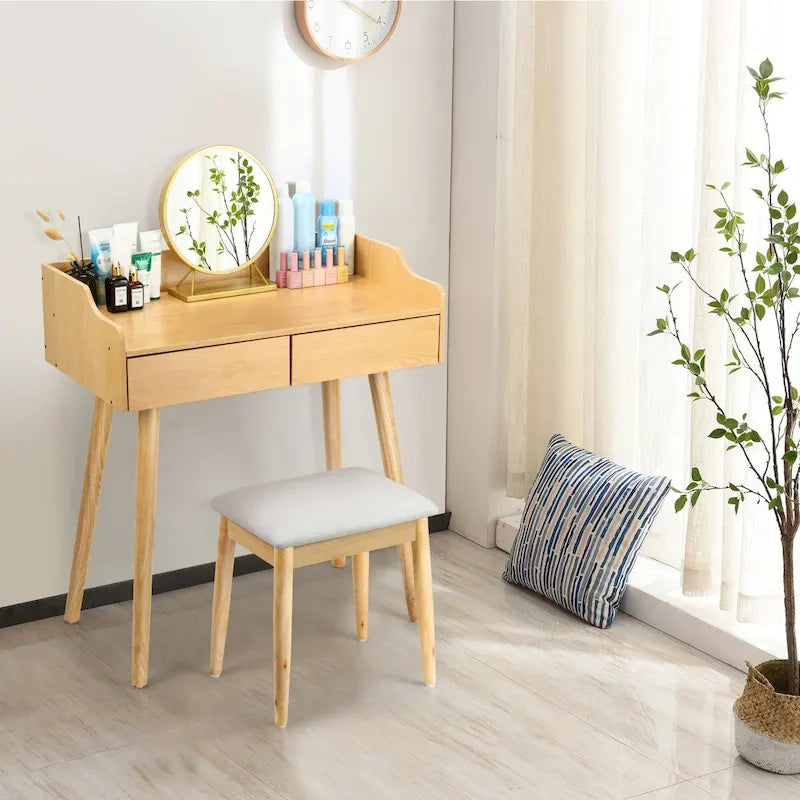 Coiffeuse blanche avec miroir et tabouret, 2 tiroirs, 1 personne