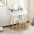 Coiffeuse blanche avec miroir et tabouret, 2 tiroirs, 1 personne