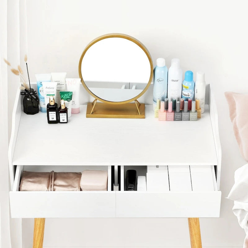 Coiffeuse blanche avec miroir et tabouret, 2 tiroirs, 1 personne
