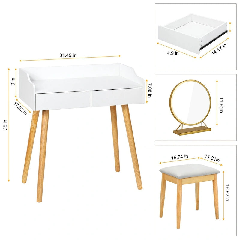 Coiffeuse blanche avec miroir et tabouret, 2 tiroirs, 1 personne