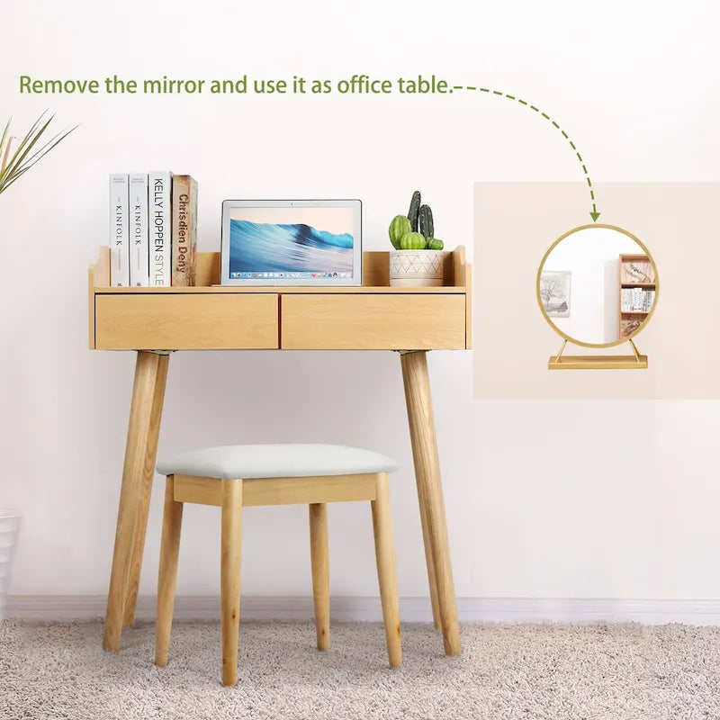 Coiffeuse blanche avec miroir et tabouret, 2 tiroirs, 1 personne