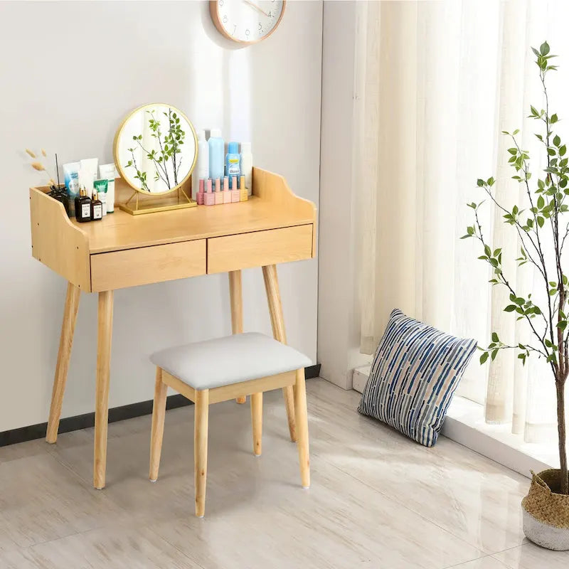 Coiffeuse blanche avec miroir et tabouret, 2 tiroirs, 1 personne