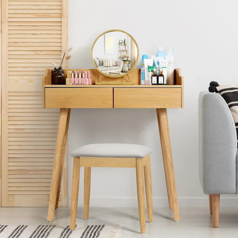 Coiffeuse blanche avec miroir et tabouret, 2 tiroirs, 1 personne