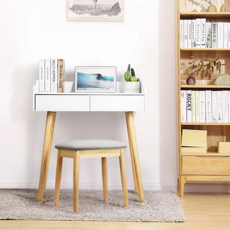 Coiffeuse blanche avec miroir et tabouret, 2 tiroirs, 1 personne