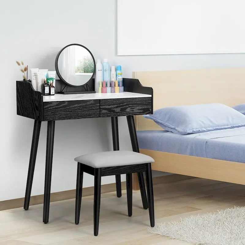 Coiffeuse blanche avec miroir et tabouret, 2 tiroirs, 1 personne