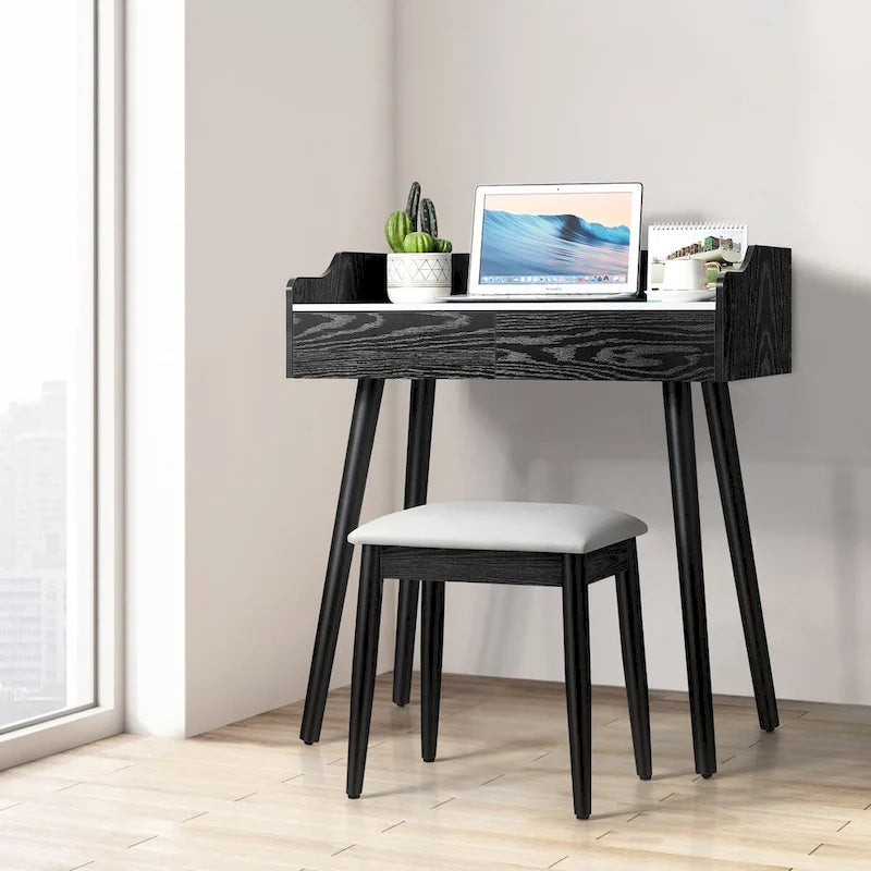 Coiffeuse blanche avec miroir et tabouret, 2 tiroirs, 1 personne