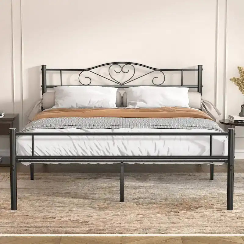 Lit Plateforme en Métal avec Tête de Lit à Barreaux – Noir / Rose / Or, Lit Simple / Double / Queen, pour 1 Personne