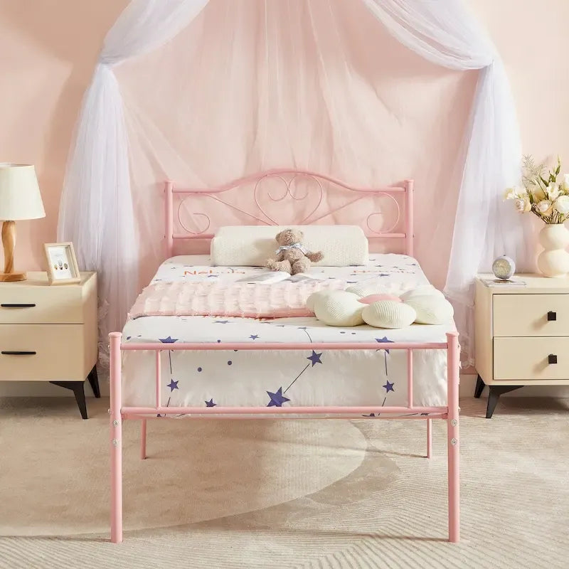 Lit Plateforme en Métal avec Tête de Lit à Barreaux – Noir / Rose / Or, Lit Simple / Double / Queen, pour 1 Personne