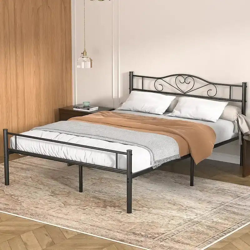 Lit Plateforme en Métal avec Tête de Lit à Barreaux – Noir / Rose / Or, Lit Simple / Double / Queen, pour 1 Personne