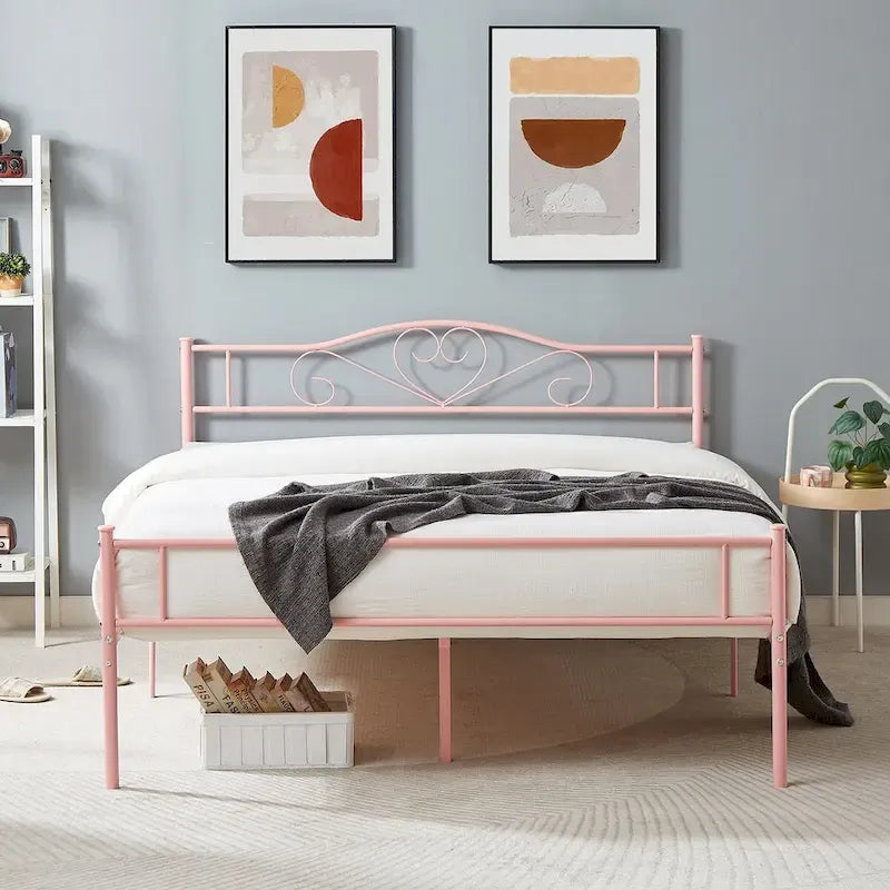Lit Plateforme en Métal avec Tête de Lit à Barreaux – Noir / Rose / Or, Lit Simple / Double / Queen, pour 1 Personne