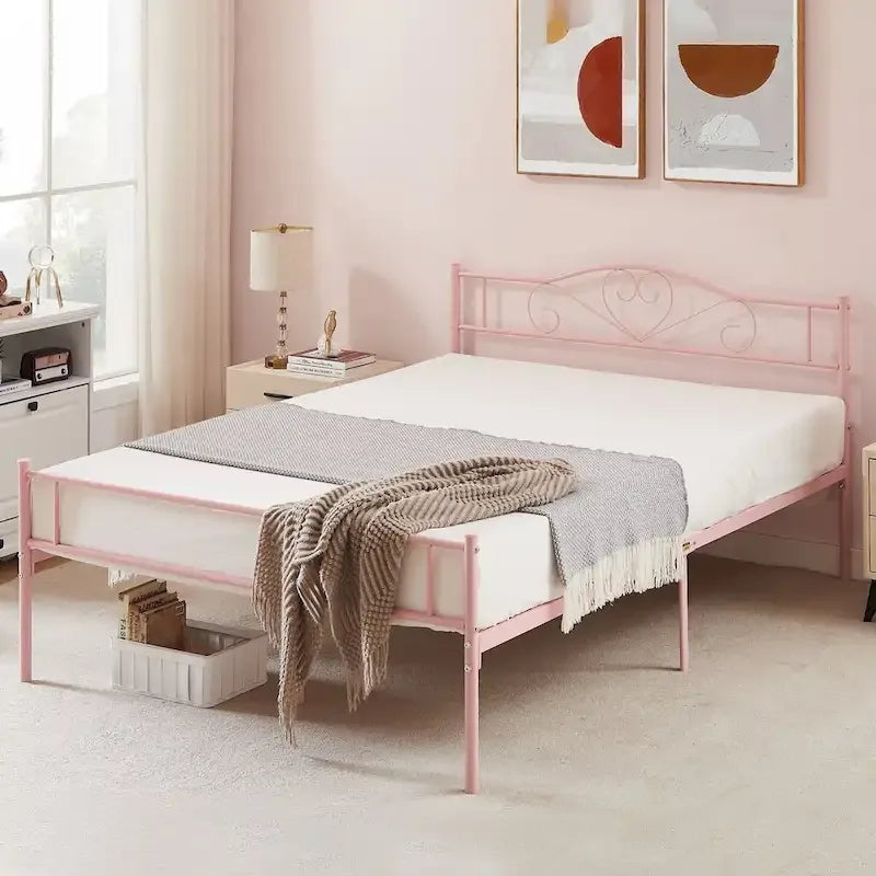 Lit Plateforme en Métal avec Tête de Lit à Barreaux – Noir / Rose / Or, Lit Simple / Double / Queen, pour 1 Personne