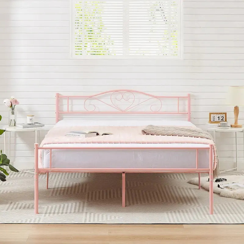 Lit Plateforme en Métal avec Tête de Lit à Barreaux – Noir / Rose / Or, Lit Simple / Double / Queen, pour 1 Personne