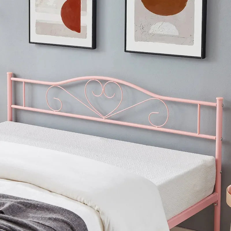 Lit Plateforme en Métal avec Tête de Lit à Barreaux – Noir / Rose / Or, Lit Simple / Double / Queen, pour 1 Personne