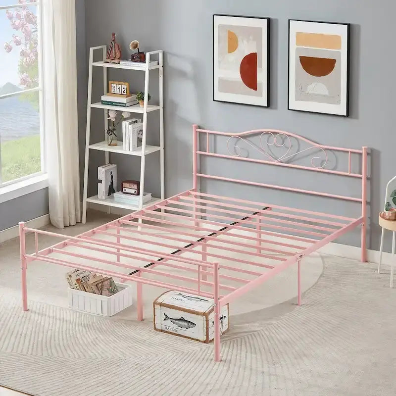 Lit Plateforme en Métal avec Tête de Lit à Barreaux – Noir / Rose / Or, Lit Simple / Double / Queen, pour 1 Personne