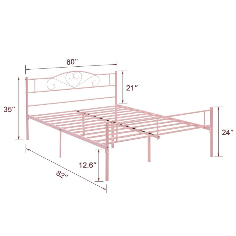 Lit Plateforme en Métal avec Tête de Lit à Barreaux – Noir / Rose / Or, Lit Simple / Double / Queen, pour 1 Personne