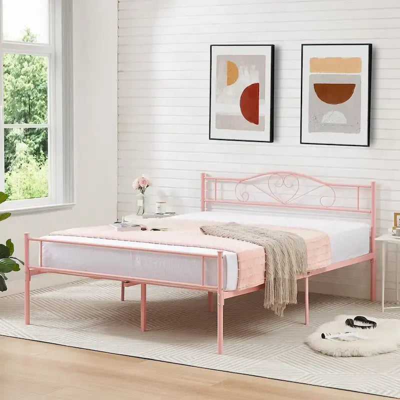Lit Plateforme en Métal avec Tête de Lit à Barreaux – Noir / Rose / Or, Lit Simple / Double / Queen, pour 1 Personne