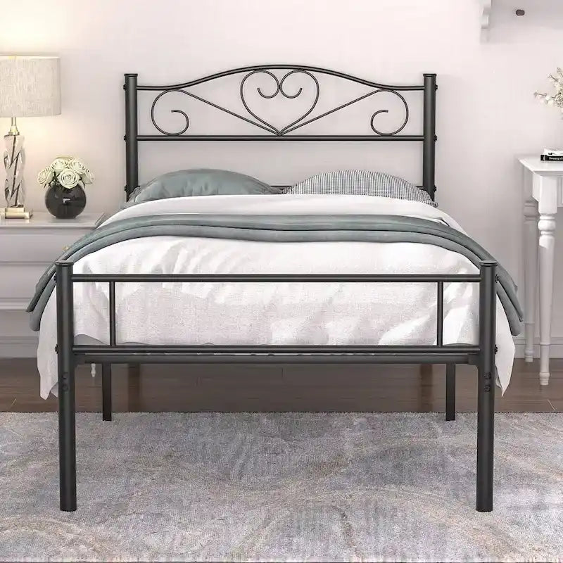 Lit Plateforme en Métal avec Tête de Lit à Barreaux – Noir / Rose / Or, Lit Simple / Double / Queen, pour 1 Personne