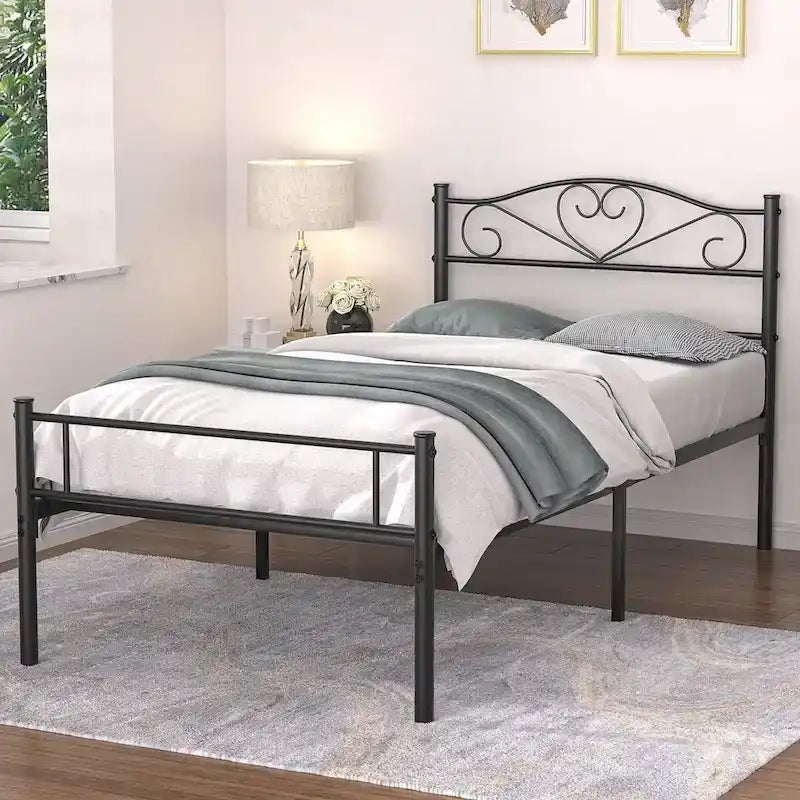 Lit Plateforme en Métal avec Tête de Lit à Barreaux – Noir / Rose / Or, Lit Simple / Double / Queen, pour 1 Personne