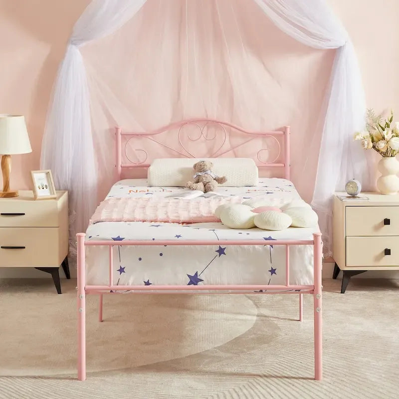Lit Plateforme en Métal avec Tête de Lit à Barreaux – Noir / Rose / Or, Lit Simple / Double / Queen, pour 1 Personne