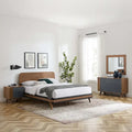 Chambre à coucher 4 pièces en noyer grandeur Queen (Lit, Table de chevet, Commode, Miroir)