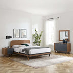 Chambre à coucher 4 pièces en noyer grandeur Queen (Lit, Table de chevet, Commode, Miroir)