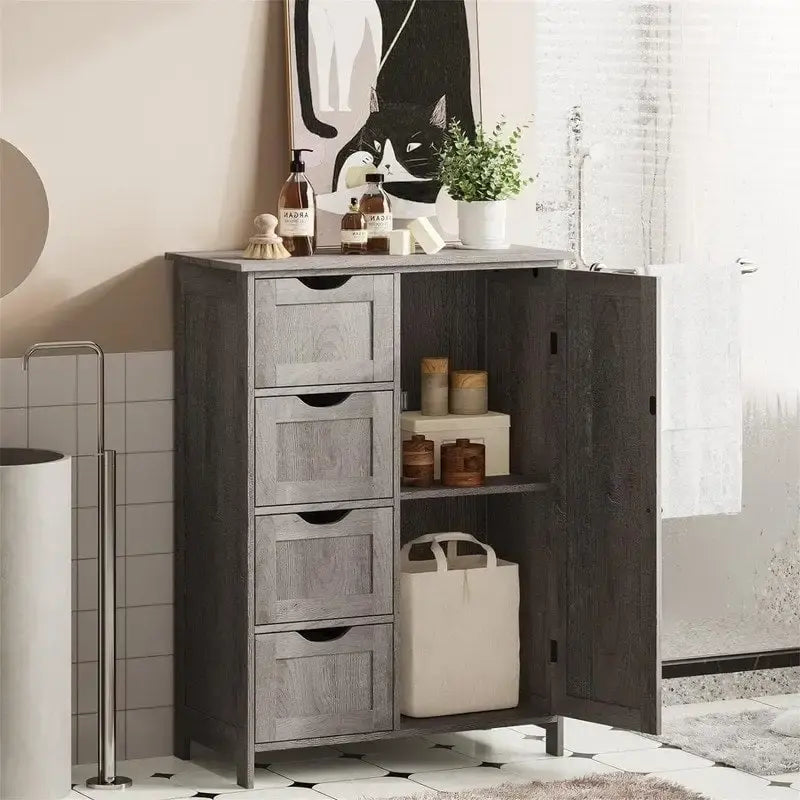Meuble bas de salle de bain à 4 tiroirs argent/blanc/noir/gris, 1 personne