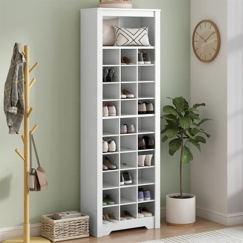Meuble à chaussures haut Noir/Blanc/Marron Rustique – 30 casiers, convient aux foyers de 1 à 4 personnes