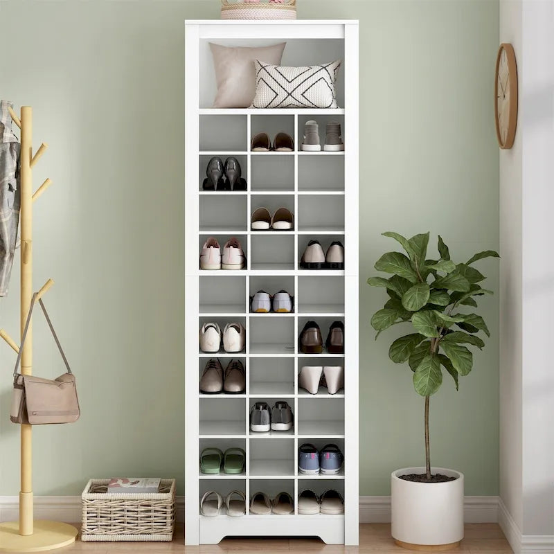 Meuble à chaussures haut Noir/Blanc/Marron Rustique – 30 casiers, convient aux foyers de 1 à 4 personnes