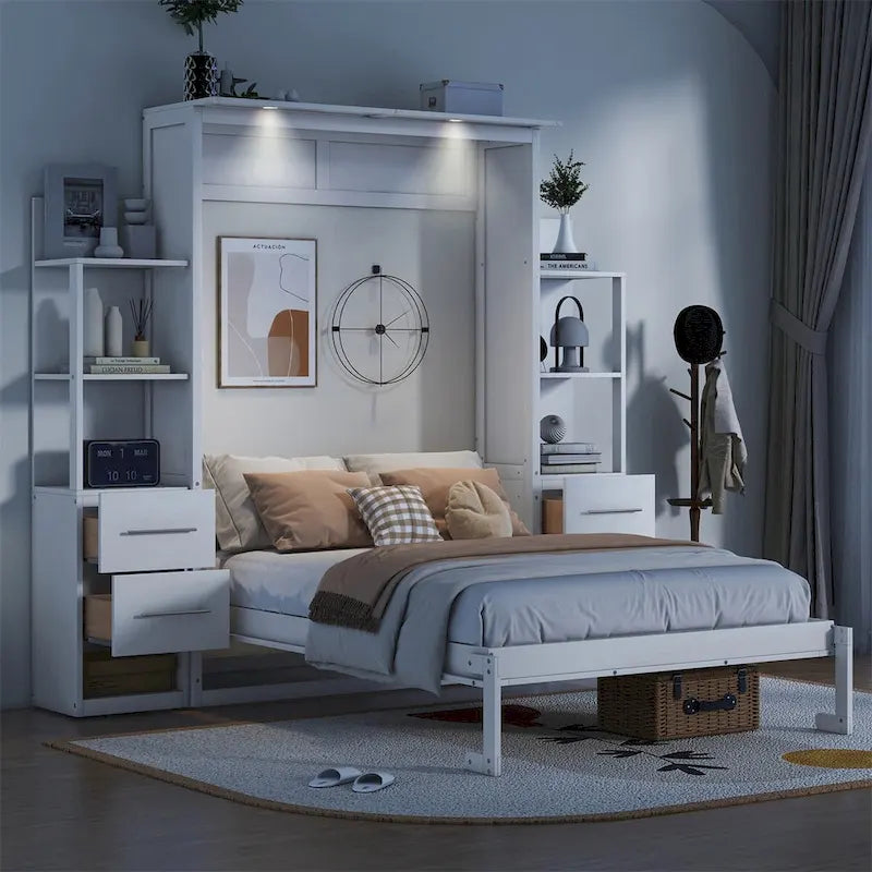 Lit escamotable mural pleine grandeur blanc/gris avec étagères, tiroirs et lumières DEL — Convient pour 1 personne