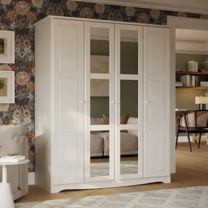 Armoire 4 portes – Blanc/Noir/Moka/Java, portes en bois massif ou miroir, pour 3