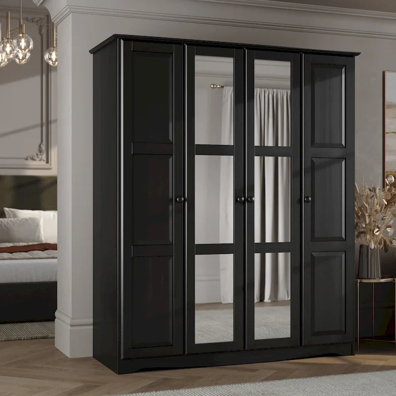 Armoire 4 portes – Blanc/Noir/Moka/Java, portes en bois massif ou miroir, pour 3
