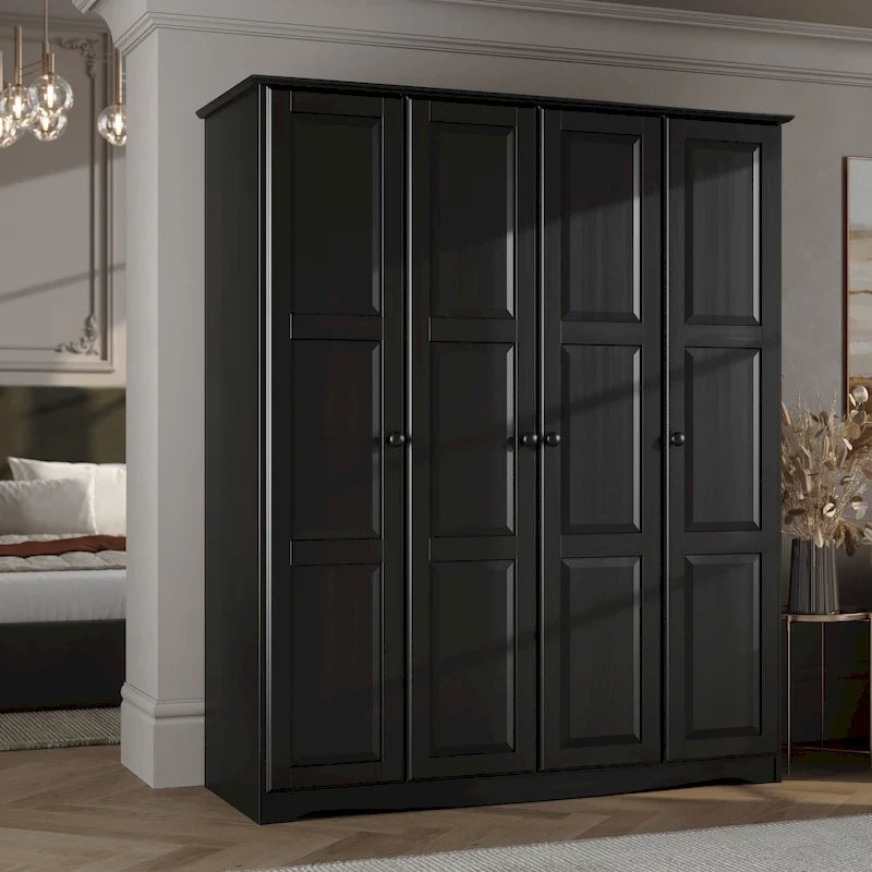 Armoire 4 portes – Blanc/Noir/Moka/Java, portes en bois massif ou miroir, pour 3