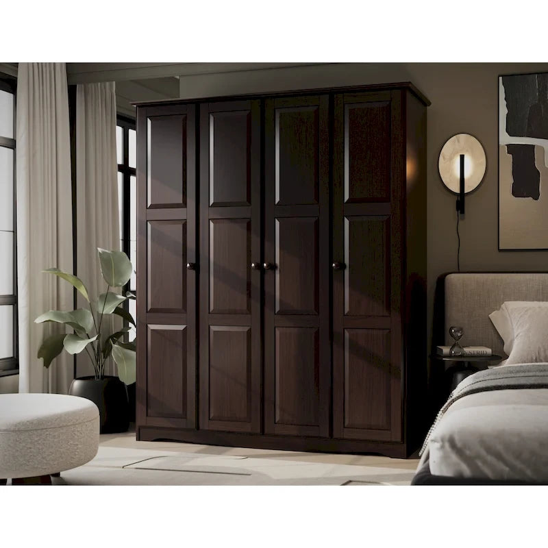 Armoire 4 portes – Blanc/Noir/Moka/Java, portes en bois massif ou miroir, pour 3