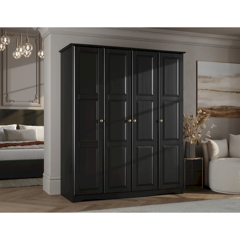 Armoire 4 portes – Blanc/Noir/Moka/Java, portes en bois massif ou miroir, pour 3