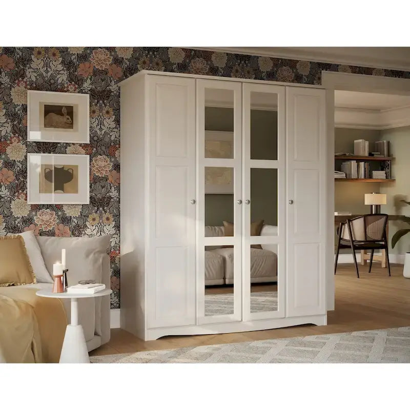 Armoire 4 portes – Blanc/Noir/Moka/Java, portes en bois massif ou miroir, pour 3