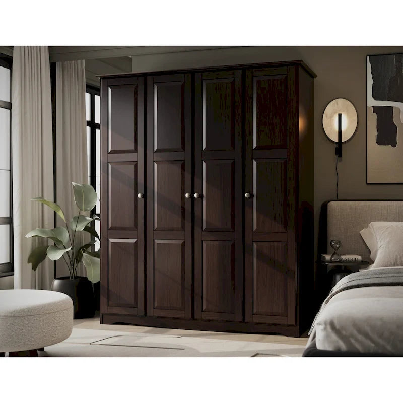 Armoire 4 portes – Blanc/Noir/Moka/Java, portes en bois massif ou miroir, pour 3