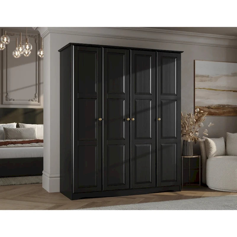 Armoire 4 portes – Blanc/Noir/Moka/Java, portes en bois massif ou miroir, pour 3