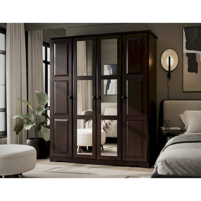 Armoire 4 portes – Blanc/Noir/Moka/Java, portes en bois massif ou miroir, pour 3