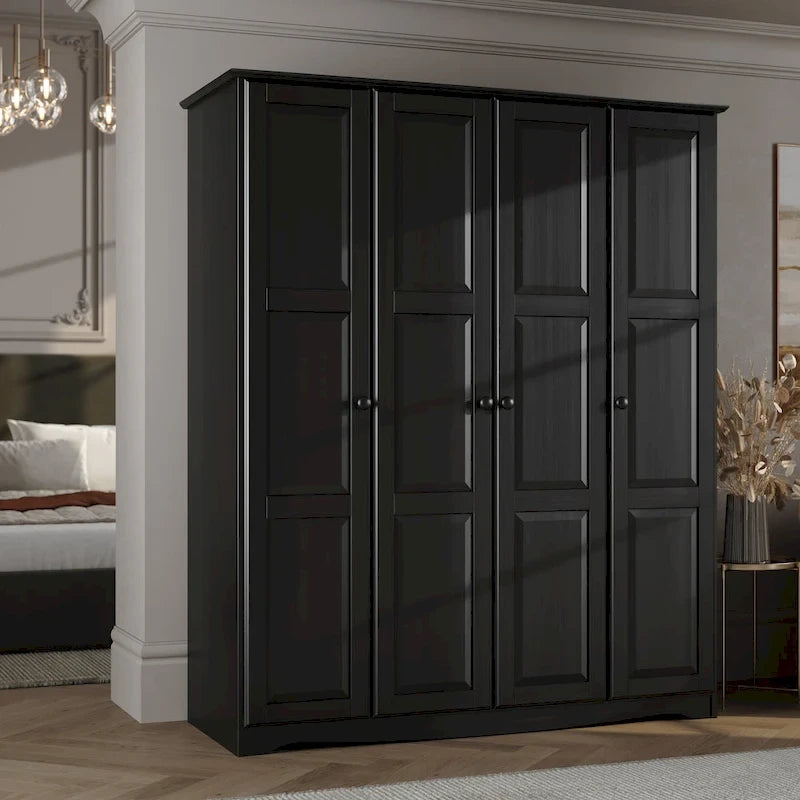 Armoire 4 portes – Blanc/Noir/Moka/Java, portes en bois massif ou miroir, pour 3