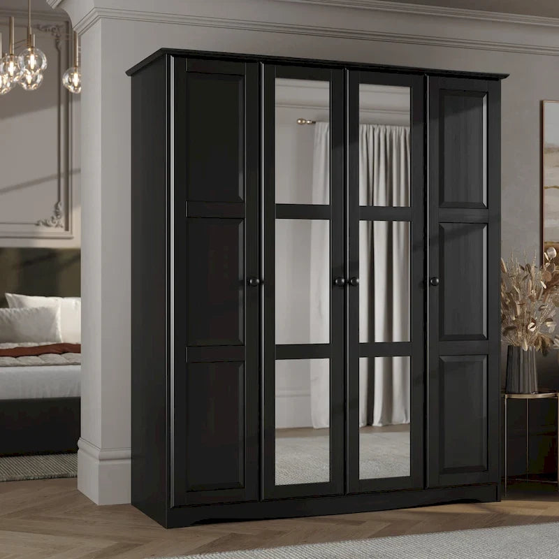 Armoire 4 portes – Blanc/Noir/Moka/Java, portes en bois massif ou miroir, pour 3