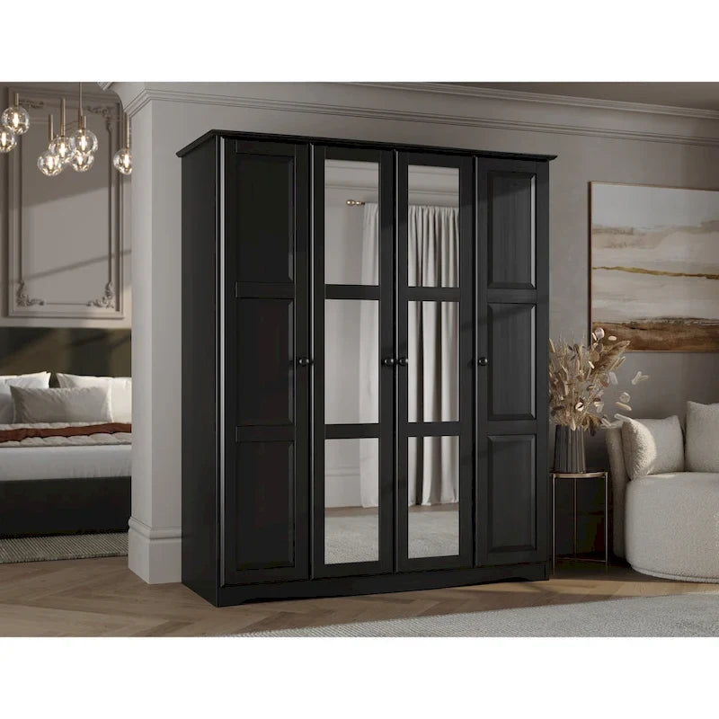 Armoire 4 portes – Blanc/Noir/Moka/Java, portes en bois massif ou miroir, pour 3